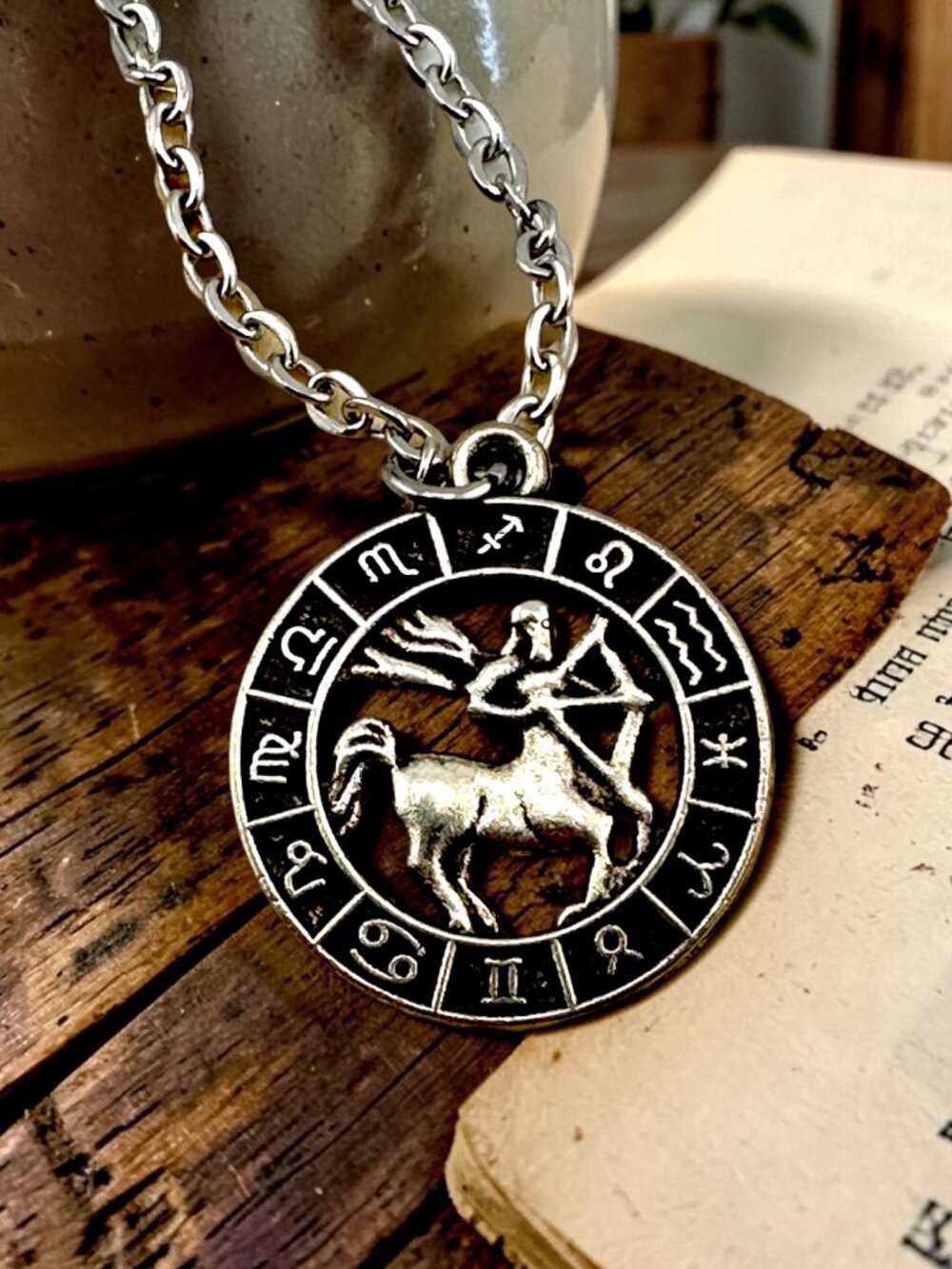 Sagittarius Zodiac Necklace Astrology Pendant Diamond Cut Stainless Steel Chain